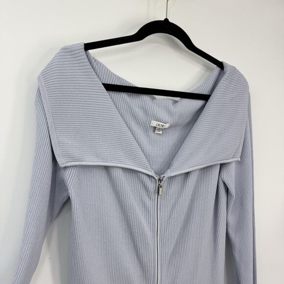 Cache ribbed knit zip up top wide collar size Large light blue Long Sleeves - Picture 3 of 13
